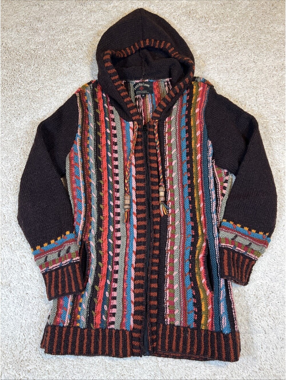 Lost Horizons Women's Wool Sweater Full Zip Long Hand Knit Cardigan Size Medium